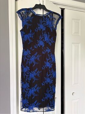 Elegant Black Dress with Royal Blue Floral Lace